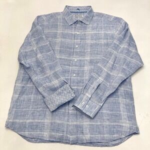 Tommy Bahama 100% Linen Blue Plaid Button Up Shirt Mens Large‎ Flip Cuff